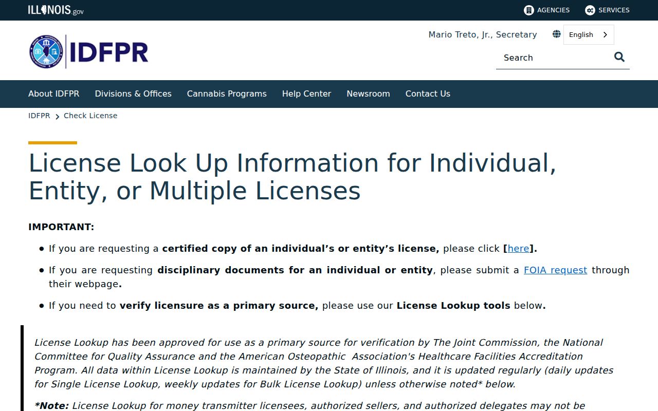 Illinois IDFPR professional license lookup used for Winnebago County name verification