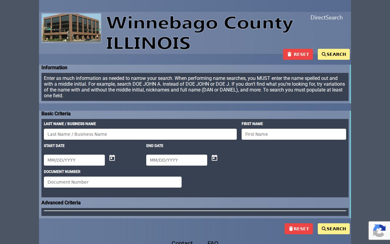 Winnebago County Recorder Direct Search grantor and grantee interface