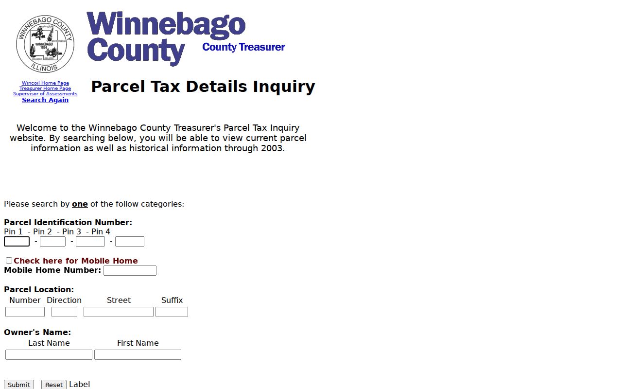 Winnebago County Treasurer property tax search with owner address and PIN options