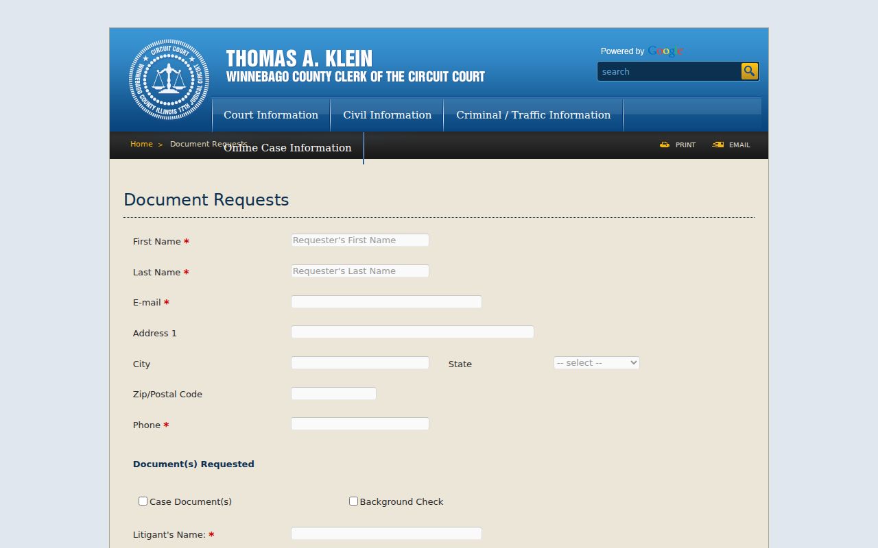 Winnebago County residents directory Circuit Clerk request
