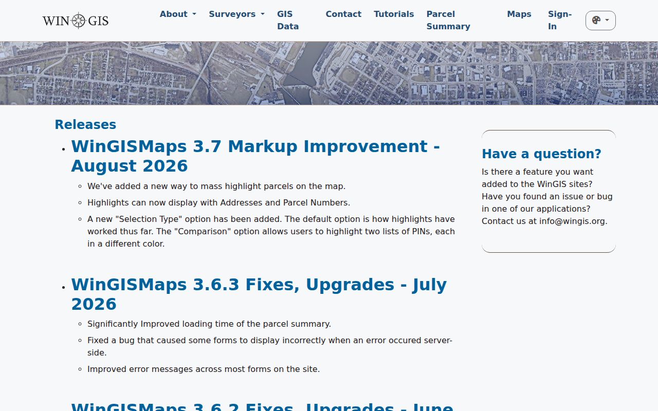 WinGIS release notes documenting 2026 parcel ZIP and search updates